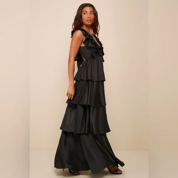 Lulus-Glorious Essence Black Satin Ruffled Tiered Tie-Back Maxi Dress (Medium) - Picture 4 of 5